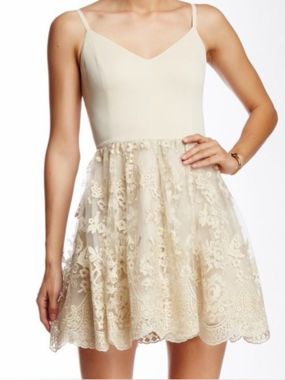 Alice + Olivia Cream Lace Julianne Ballerina V-neck Spaghetti Strap Dress